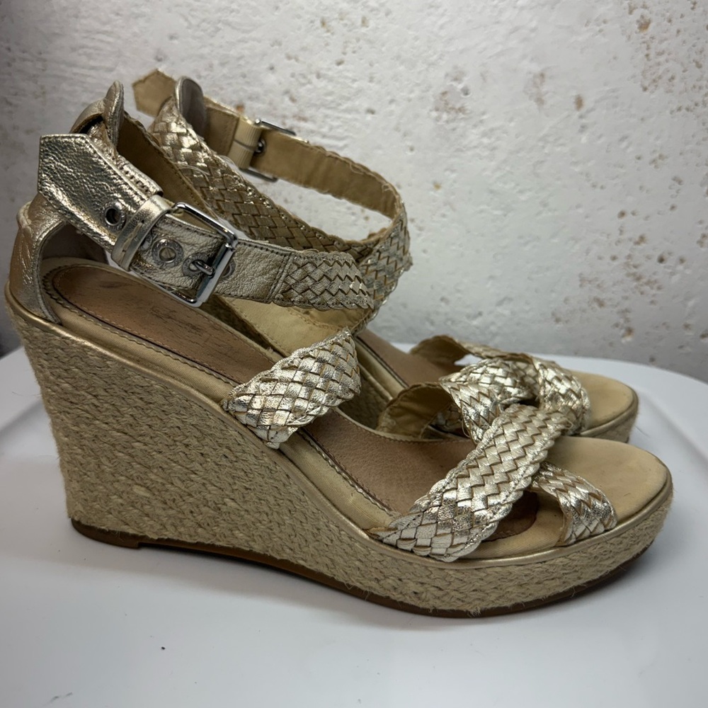 Sperry Top-Sider Wedge Leather Gold Ankle Strap Espadrille Sandals Size 8.5